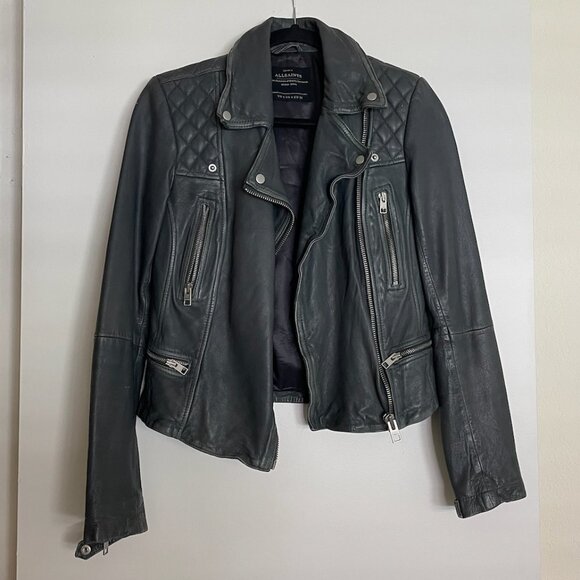 All Saints Gray Cargo Distressed Leather Biker Jacket - Picture 2 of 4